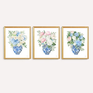 Ginger Jar Prints Set of 3: Blue Hydrangea Watercolor Art