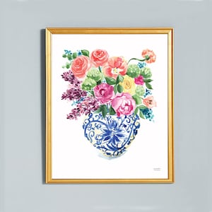 Floral Chinoiserie Wall Art Ginger Jar Floral Painting Botanical Wall Art Blue Wall Decor for Living Room Watercolor Wall Art Print