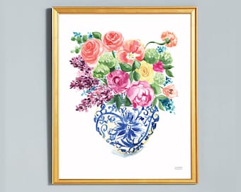Floral Ginger Jar Watercolor Print: Chinoiserie Botanical Wall Art