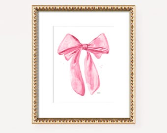 Pink Bow Print, Cute Preppy Wall Art Print, Bow Watercolor Girly Room Aesthetic Coquette Decor, Baby Girl Nursery, Daughter's Room Art