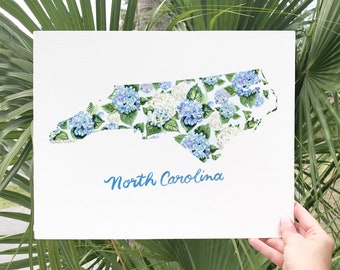 North Carolina Illustrated Wall Art Print: Original Watercolor North Carolina State with Hydrangeas and Lettering by Artist Michelle Mospens