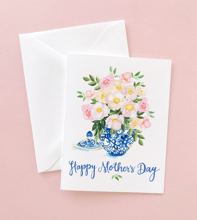 Illustrated Ginger Jar Flowers Mother's Day Card by Watercolor Artist Michelle Mospens Happy Mother's Day Card First Mothers Day Card image 1