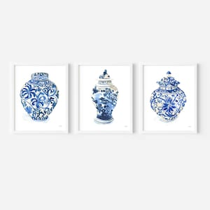 Chinoiserie Ginger Jar Watercolor Art Print Set of 3, Blue & White Decor