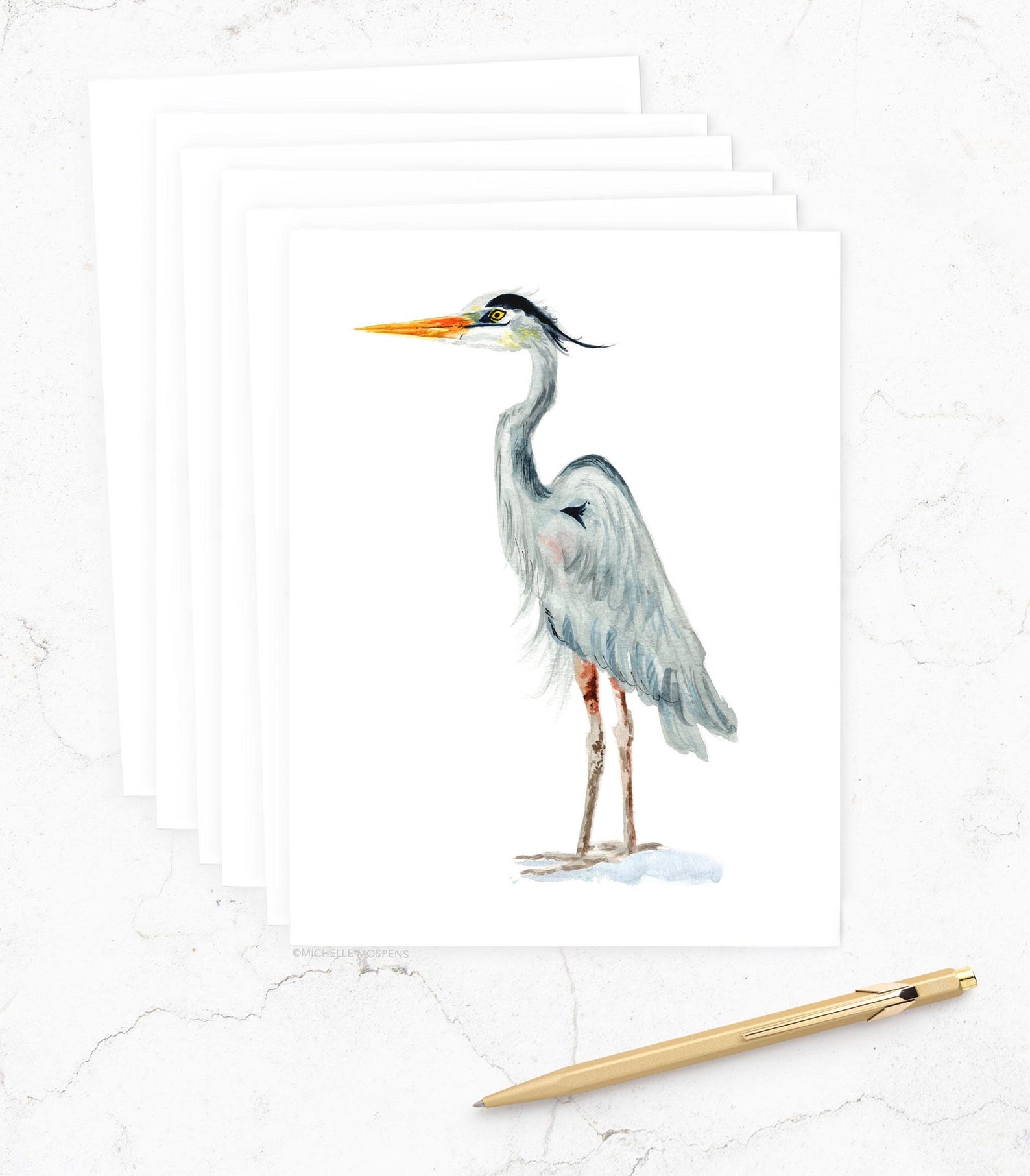 Set of Illustrated Heron Bird Note Cards: Coastal Watercolor Heron Stationery Notecards (Stationary), Nautical Thank You Cards, Beachy Cards