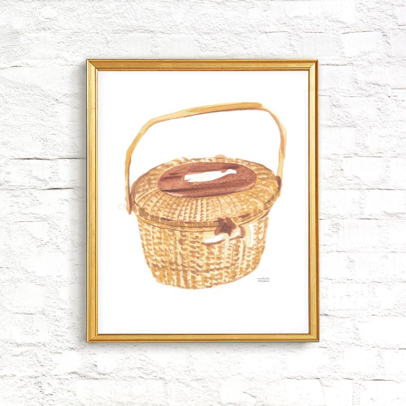 Nantucket Basket Art Print, Coastal Wall Art, New England Nautical Decor, Watercolor Nantucket Basket Painting by Michelle Mospens image 6