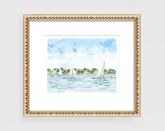 Sailboat Art, Lake Wall Art, Lakefront Painting Modern Lakehouse | Sailboats Art Print