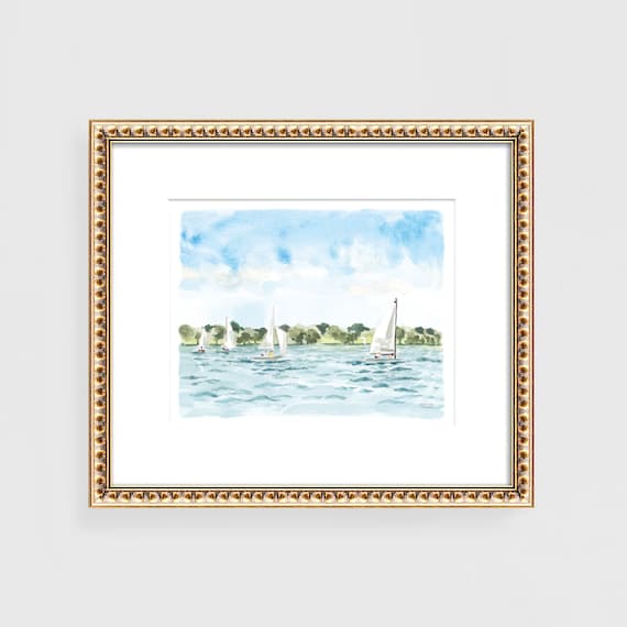 Sailboats Art Print, Lake Wall Art by Michelle Mospens, Lakefront Painting Modern Lakehouse, Sailboat Art