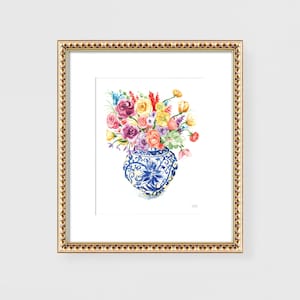Floral Chinoiserie Wall Art Ginger Jar Flowers Painting Blue Wall Decor for Living Room Botanical Wall Art Watercolor Wall Art Print
