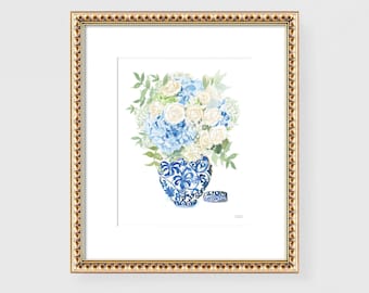 Chinoiserie Hydrangea Print: Blue & White Ginger Jar Vase Art