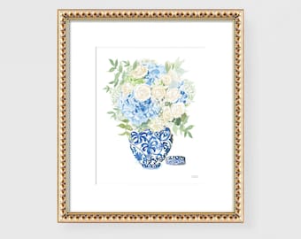 Chinoiserie Wall Art, Hydrangea Painting, Hydrangea Print, Chinoiserie Art, Chinoiserie Print, Ginger Jar Print, Blue and White Vase Art