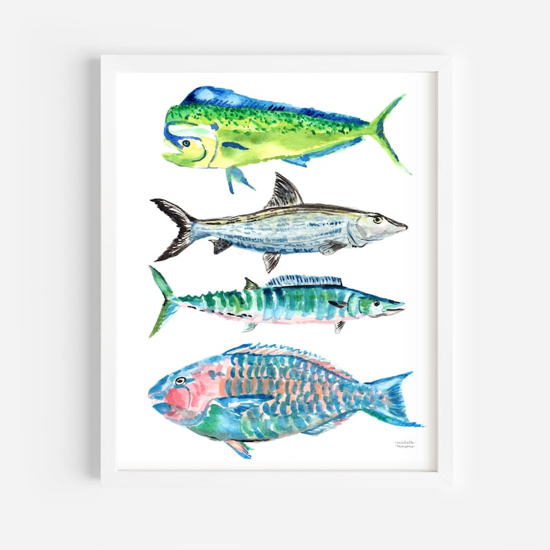 Puede incluir: Pintura acuarela de cuatro tipos diferentes de peces. Los peces son un mahi-mahi, una barracuda, un wahoo y un pez loro. Los peces est&aacute;n pintados en tonos de azul, verde, amarillo y rojo.