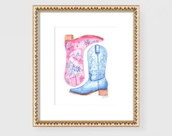 Western Boots Watercolor by Michelle Mospens, Pink and Blue Cowgirl Boots Poster Print, Rustic Ranch Entryway Wall Poster Print