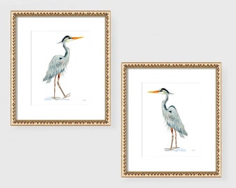 Blue Heron Prints, Blue Heron Art, Coastal Prints Set of 2, Coastal Wall Art, Watercolor Heron Paintings by Michelle Mospens
