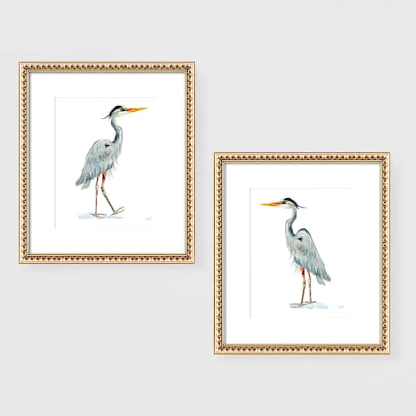 Heron Art Prints Set of 2, Watercolor Blue Heron Paintings by Michelle Mospens, Beach Wall Art Home Decor For Living Room or Bedroom