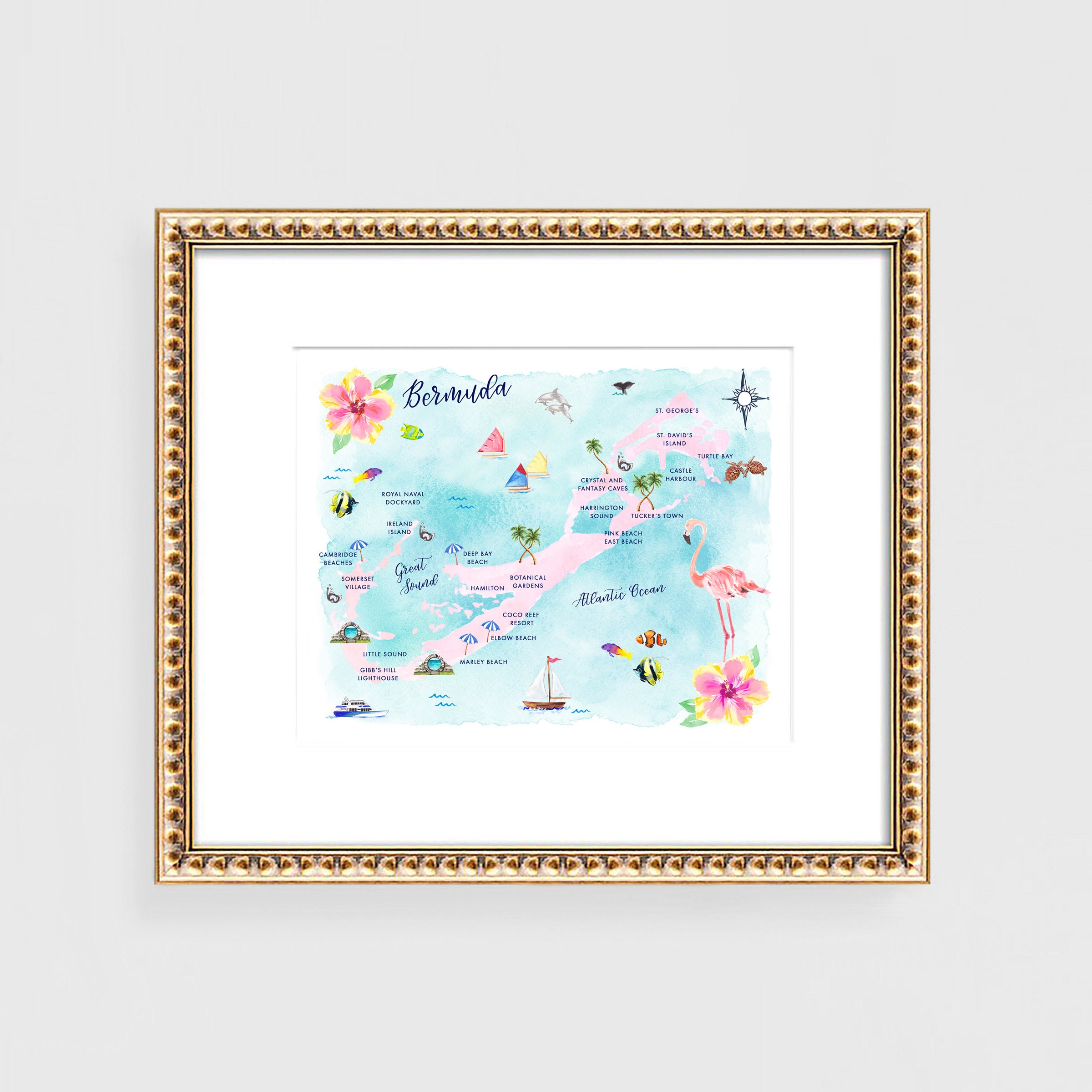 Bermuda Watercolor Map Art Print: Beachy Wall Decor Travel Poster