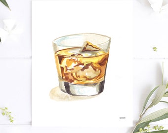 Bar Cart Decor, Bar Cart Art Prints by Michelle Mospens, Watercolor Whiskey Cocktail Wall Art, Cute Apartment Kitchen Decor, Whiskey Gift