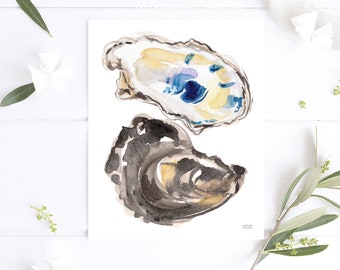 Watercolor Oysters Art, Oyster Watercolor Painting, Oyster Shells Watercolor Print, Coastal Beach Decor, Watercolor by Michelle Mospens