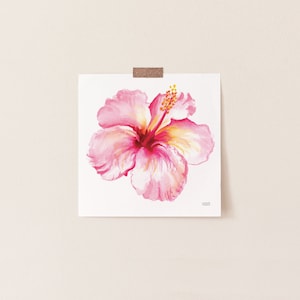 K&ouml;nnte beinhalten: Aquarellmalerei einer rosa Hibiskusbl&uuml;te mit gelben und roten Akzenten. Die Blume ist auf einem wei&szlig;en Quadrat zentriert, das mit Klebeband an einer Wand befestigt ist. Das Kunstwerk ist unten rechts signiert.