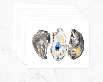Set of Illustrated Oyster Note Cards: Seaside Watercolor Oyster Shells Stationery Notecards (Stationary)