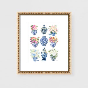 Ginger Jar Wall Art | Blue And White Ginger Jar Prints | Chinoiserie Wall Art | Grandmillennial Art | Watercolor Print by Michelle Mospens