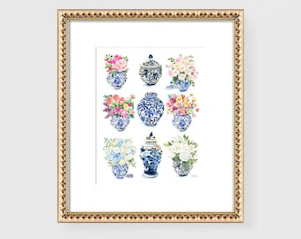 Ginger Jars Art, Chinoiserie Wall Art Print, Blue and White Chinoiserie Porcelain Vase Print by Artist Michelle Mospens, Chinoiserie Decor