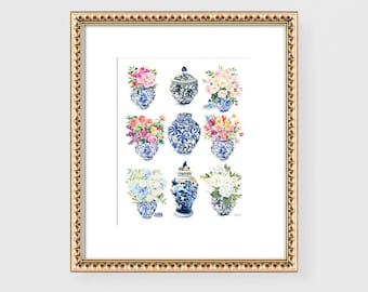 Ginger Jars Print, Chinoiserie Wall Art, Blue and White Ginger Jars Print, Preppy Watercolor, Grandmillennial Southern Decor, Ginger Jar Art