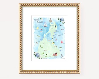 Block Island Map Art Print, Block Island Rhode Island Art,  Rhode Island Art Print, Block Island Map Wall Art, Coastal Wall Art Decor