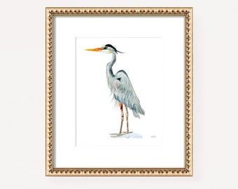 Blue Heron Art, Watercolor Heron Painting by Michelle Mospens, Heron Print, Coastal Artwork, Coastal Wall Art, Beachy Prints, Nautical Print