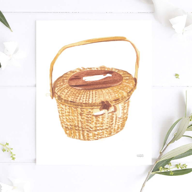 May include: A watercolour painting of a brown wicker basket with a lid and a handle. The basket is woven with a light brown and dark brown pattern.
