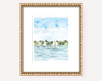 Sailboats Art Print, Lake Wall Art, Lakefront Painting Modern Lakehouse, Sailboat Art