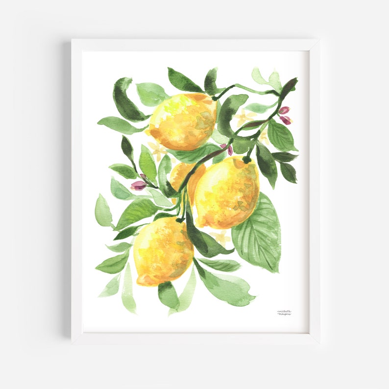May include: Watercolor painting of lemons on a branch with green leaves and small pink buds. The lemons are yellow and the leaves are various shades of green. The artwork is framed in a white frame.