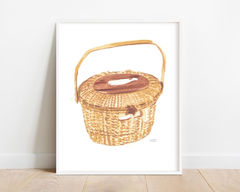 Nantucket Basket Art Print, Coastal Wall Art, New England Nautical Decor, Watercolor Nantucket Basket Painting by Michelle Mospens image 4