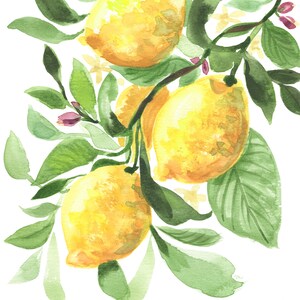 May include: Watercolor painting of lemons on a branch with green leaves and small pink buds. The lemons are a bright yellow color, and the leaves are a mix of light and dark green. The background is white, creating a fresh and vibrant feel.