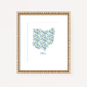 Ohio Art Painting Ohio Dorm Room Decor State Art Trendy Wall Art Print - Watercolor Blue and Green Floral Blue Hydrangea Ohio Print
