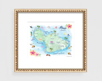 Maui, Hawaii Watercolor Map Art Print: Beachy Wall Decor Travel Poster