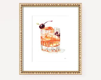 Old Fashioned Art, Whiskey Cocktail Print, Bar Cart Art Decor, Watercolor Old Fashioned Cocktail Drink Bar Wall Art, Old Fashioned Art