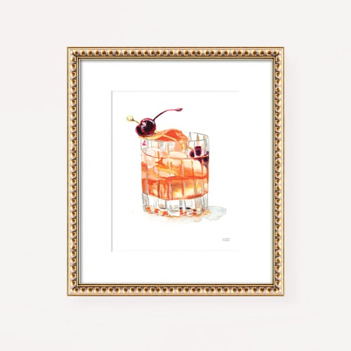 Art ancien, impression cocktail whisky, art déco chariot de bar, aquarelle art mural bar boisson cocktail à l'ancienne, art ancien