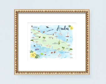 Watercolor Aruba Map Art Print: Beachy Island Wall Art