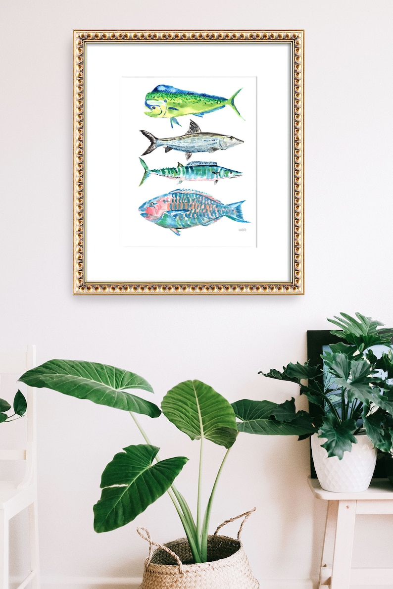 Puede incluir: Pintura acuarela enmarcada de cuatro tipos diferentes de peces. Los peces son un mahi-mahi, una barracuda, un wahoo y un pez loro. Los peces est&aacute;n pintados en tonos de azul, verde, amarillo y rosa.