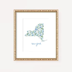New York Illustrated Wall Art Watercolor New York State Shape with Blue Hydrangeas and Hand Lettering, New York New Home Dorm Room Art Print