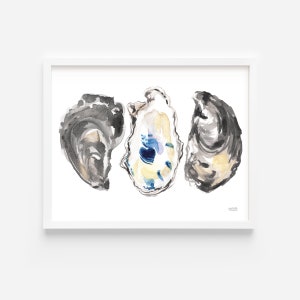 May include: A watercolor painting of three oyster shells. The shells are painted in shades of gray, white, and blue. The painting is on a white background.
