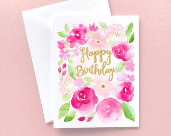 Birthday Card, Floral Watercolor Birthday Card, Happy Birthday Card, Blank Card, Greetings Card, Birthday Card For Her