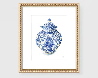 Ginger Jar Art Print, Grandmillennial Kitchen Wall Art, Chinoiserie Kitchen Decor, Watercolor Painting Ginger Jar by Michelle Mospens