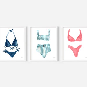 Watercolor Swimsuit Art Prints: Beach House Coastal Wall Art Decor Set of 3