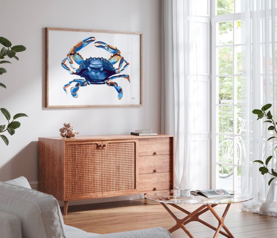 Extra Large Blue Crab Wall Art Print, Coastal Beach Nautical Decor, Maryland Navy Blue Crab Watercolor Painting by Michelle Mospens