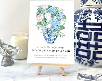 2027 Mini Calendar Ginger Jars by Illustrator Michelle Mospens, Cute Grandmillennial Watercolor Art, Desk Calendar, Preppy Hostess Gift