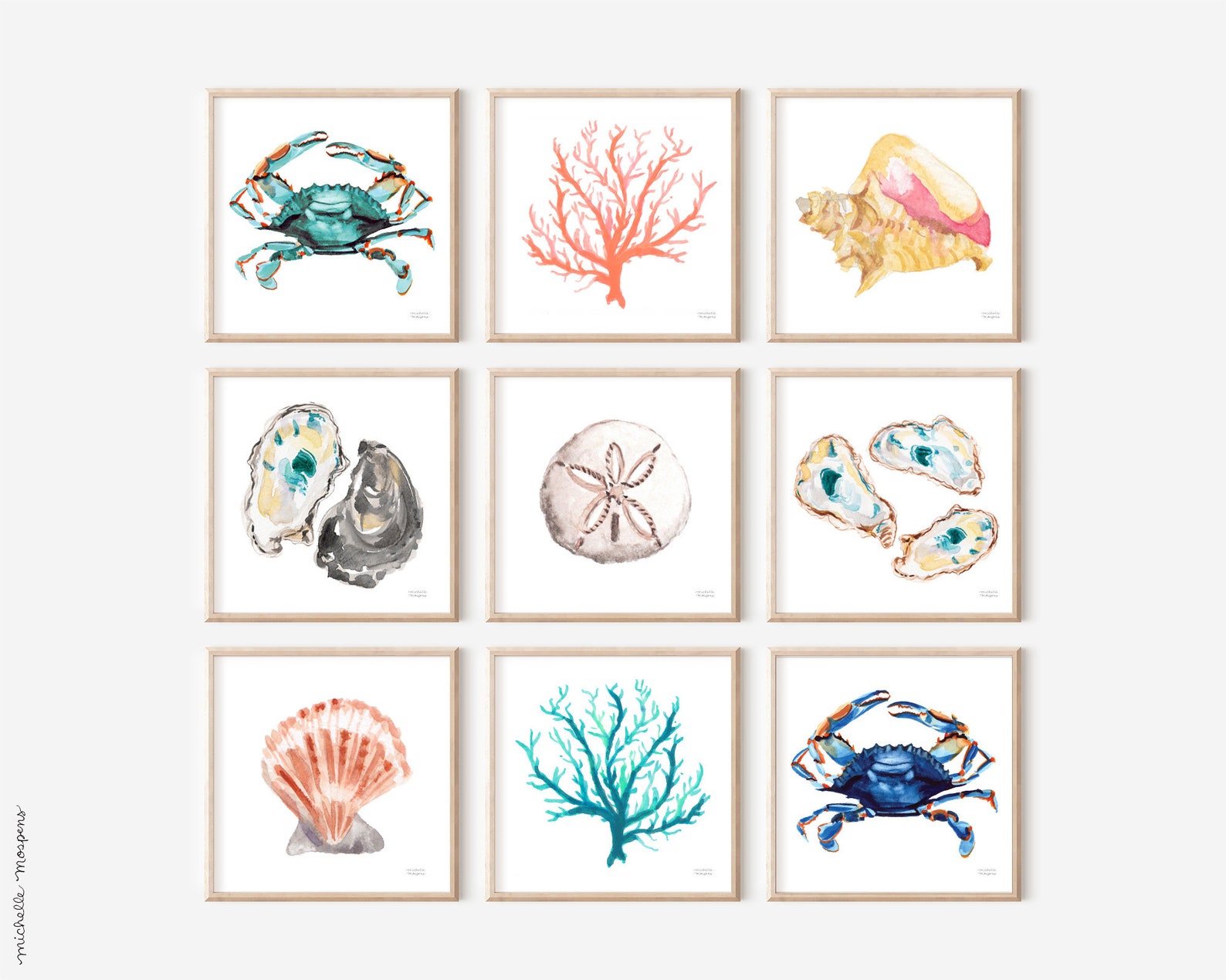 Watercolor Coastal Wall Art, Coastal Watercolor Paintings by Michelle Mospens, Oyster Sea Shells, Crabs, and Coral Beach Prints Set of 9 - 8x8 inches
