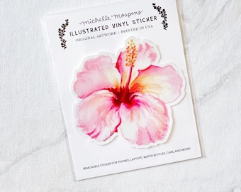 Watercolor Hibiscus Sticker: Tropical Pink Flower Vinyl Decal