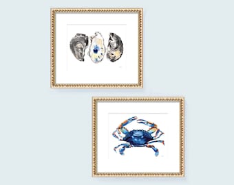 Coastal Prints, Coastal Wall Art, Blue Crab Wall Art, Oyster Shells Wall Art, Coastal Art Prints Set of 2 by artist Michelle Mospens