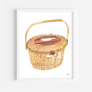 May include: A watercolour painting of a woven basket with a brown lid and a handle. The basket is light brown and has a woven pattern.